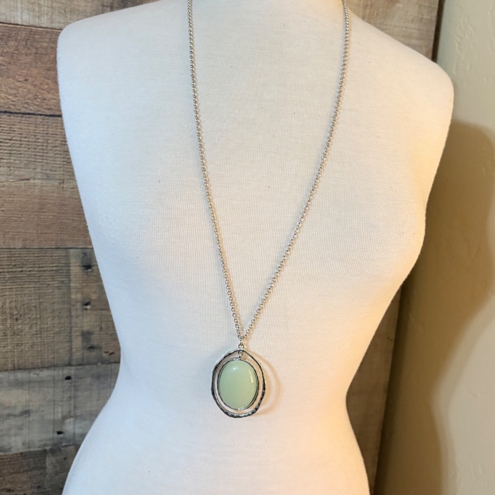 Sage Green Oval Cabochon Necklace and Earrings Set Silver Tone Hammered Boho